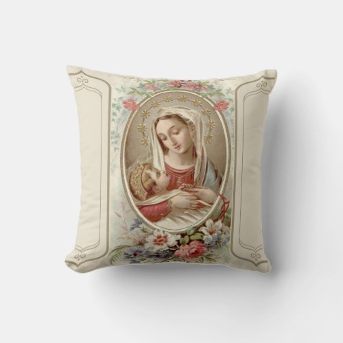 Virgin Madonna Mary with Christ Child Jesus Roses Throw Pillow
