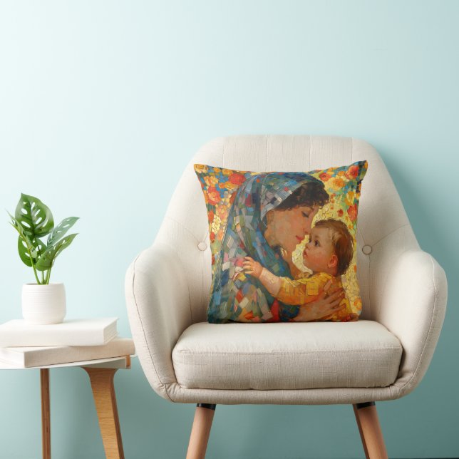 Virgin Mary and Baby Jesus Impressionism Throw Pillow (Chair)