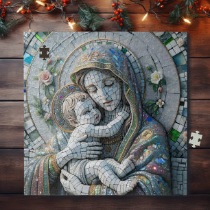 Virgin Mary and Baby Jesus Mosaic Statue Jigsaw Puzzle