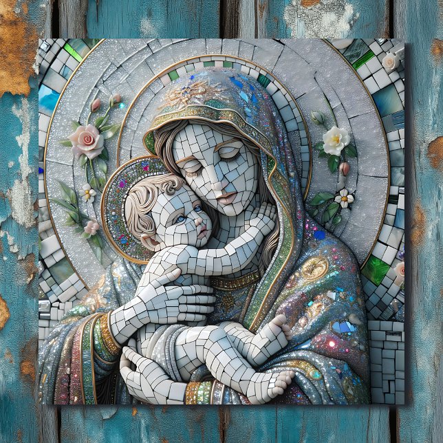 Virgin Mary and Baby Jesus | Mosaic Statue Metal Print (Creator Uploaded)
