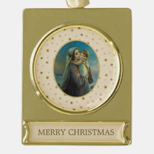 Virgin Mary and Baby Jesus on Starry Background Gold Plated Banner Ornament
