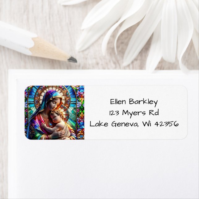 Virgin Mary and Baby Jesus Stained Glass Label (Insitu)