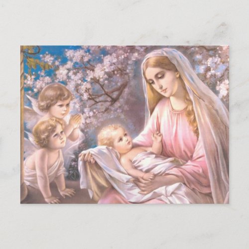 Virgin Mary and Baby Jesus with praying angels Postcard