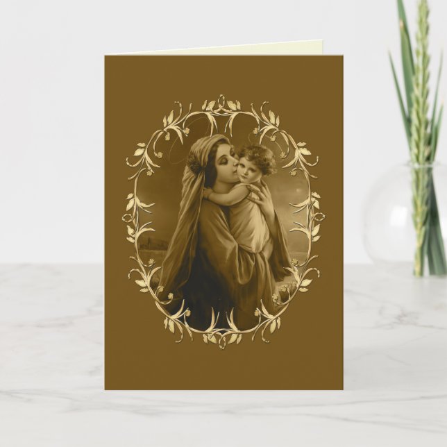 Virgin Mary and Child Jesus, Abstract Gold Border  Holiday Card (Front)
