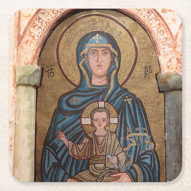 Virgin Mary And Jesus Mosaic Square Paper Coaster (Front)