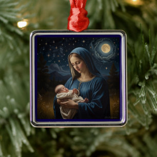 Virgin Mary and Jesus Starry Night Christmas Metal Ornament