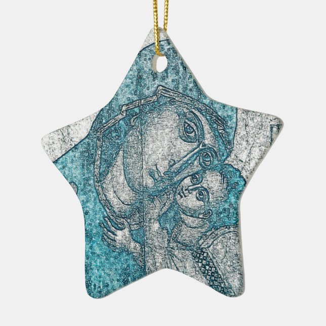 Virgin Mary Baby Jesus Angel Portrait Vintage Blue Ceramic Ornament (Left)