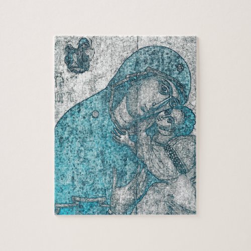 Virgin Mary Baby Jesus Angel Portrait Vintage Blue Jigsaw Puzzle