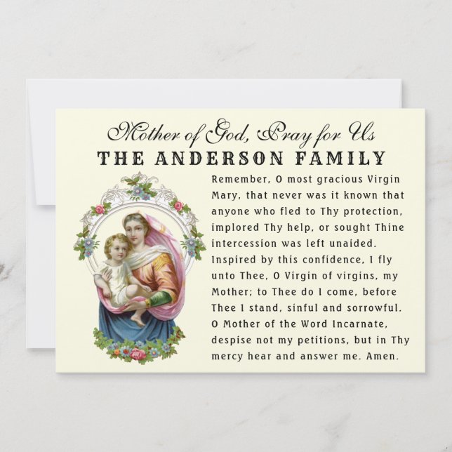 Virgin Mary Baby Jesus Catholic Memorare Prayer Card (Front)