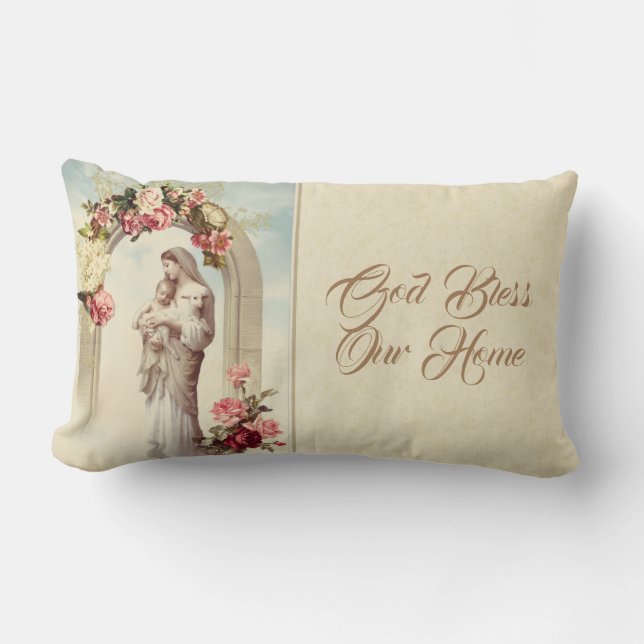 Virgin Mary Baby Jesus Gold Decor on Lumbar Pillow (Front)