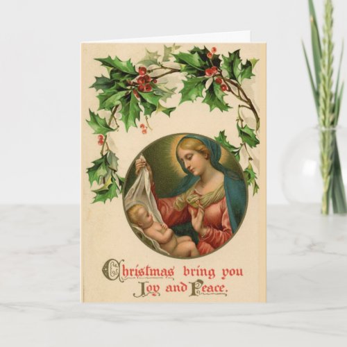 Virgin Mary Baby Jesus Holly Ivy Religious Holiday Card