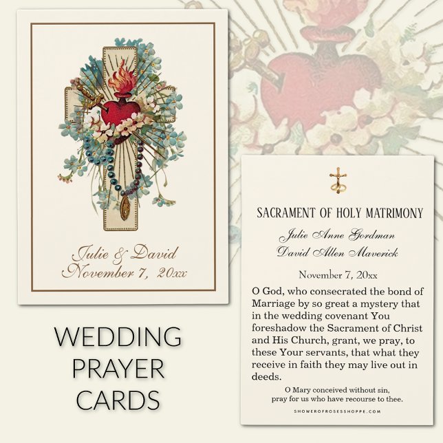 Virgin Mary Blue Floral Wedding Favor Card  (Traditional Catholic Immaculate Heart of Mary Wedding Prayer Cards)