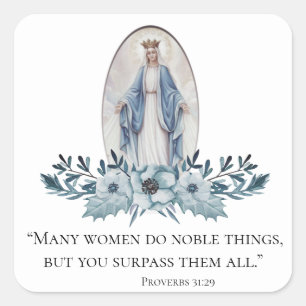 Virgin Mary Blue Flowers Scripture Square Sticker