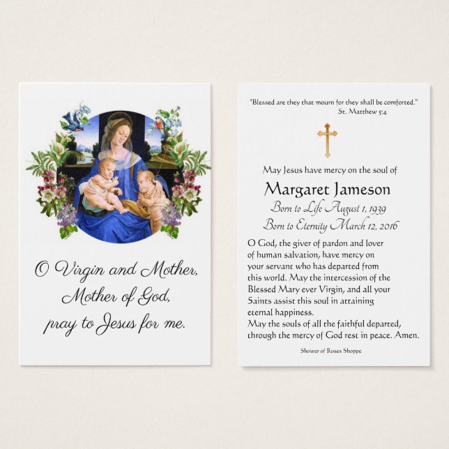 Virgin Mary Catholic Funeral Memorial Holy Card - (Front & Back)