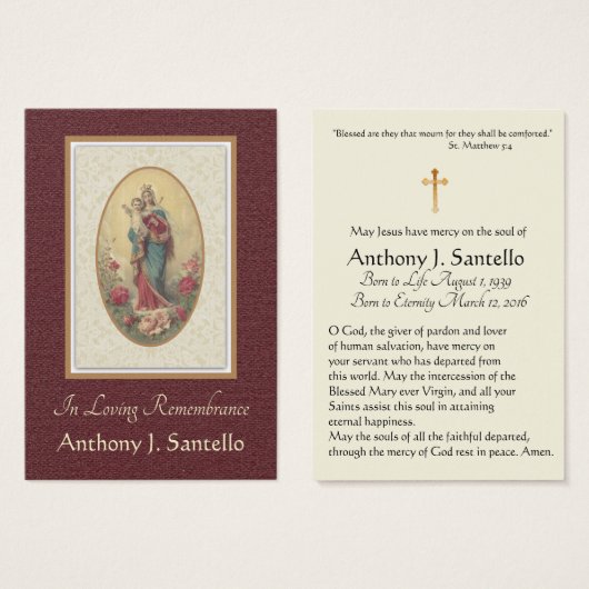 Virgin Mary Catholic Funeral Memorial Holy Card - (Front & Back)