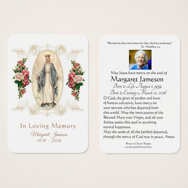 Virgin Mary Catholic Funeral Memorial Holy Card - (Front & Back)