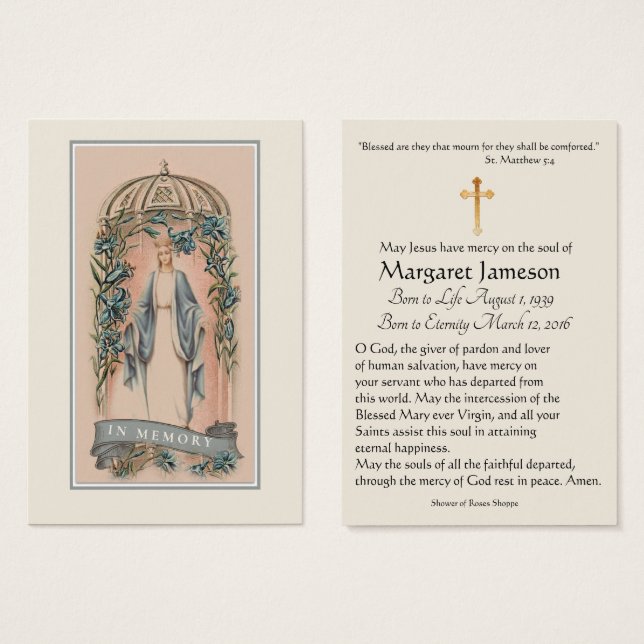 Virgin Mary Catholic Funeral Memorial Holy Card - (Front & Back)