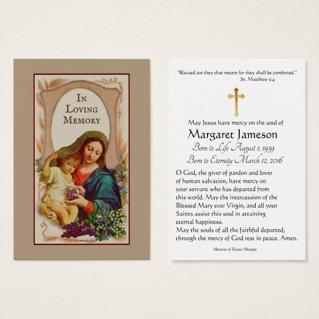 Virgin Mary Catholic Funeral Memorial Holy Card - (Front & Back)
