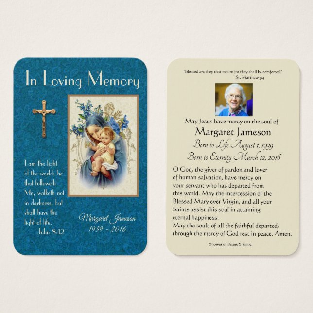 Virgin Mary Catholic Funeral Memorial Holy Card - (Front & Back)