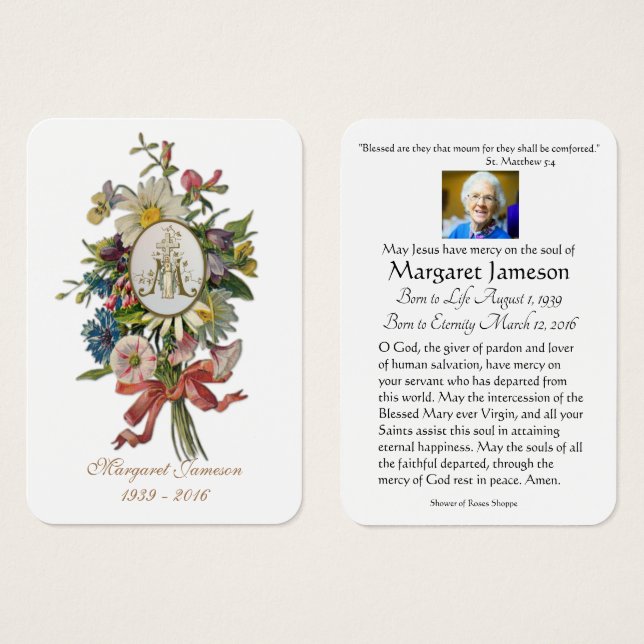 Virgin Mary Catholic Funeral Memorial Holy Card - (Front & Back)