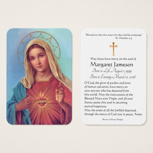 Virgin Mary Catholic Funeral Memorial Holy Card - (Front & Back)