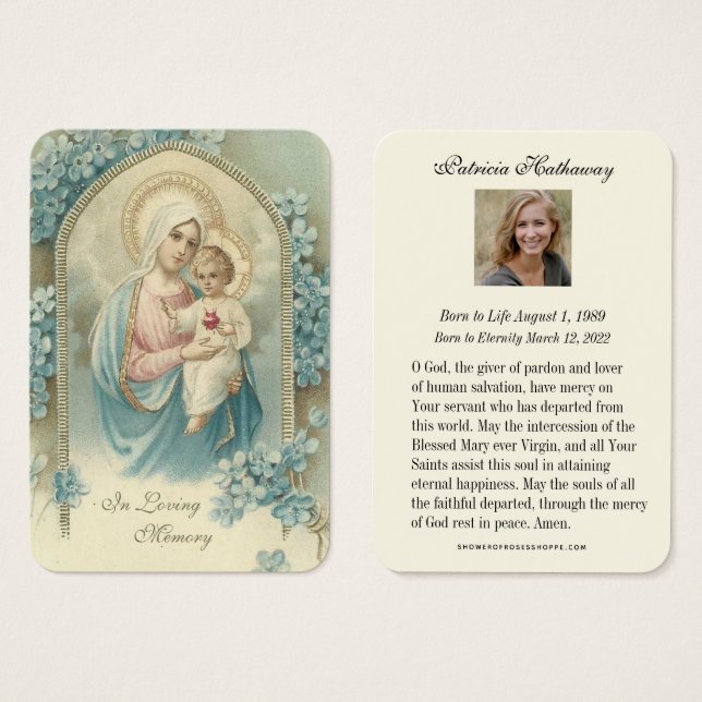 Virgin Mary Catholic Funeral Memorial Holy Card - (Front & Back)