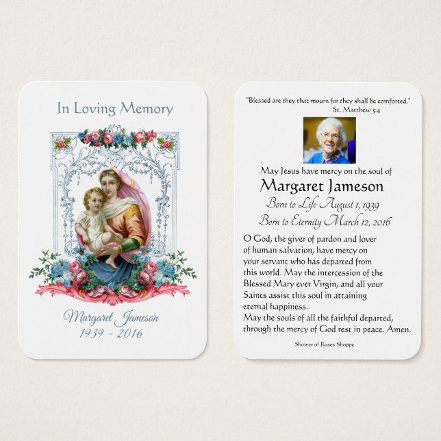 Virgin Mary Catholic Funeral Memorial Holy Card - (Front & Back)