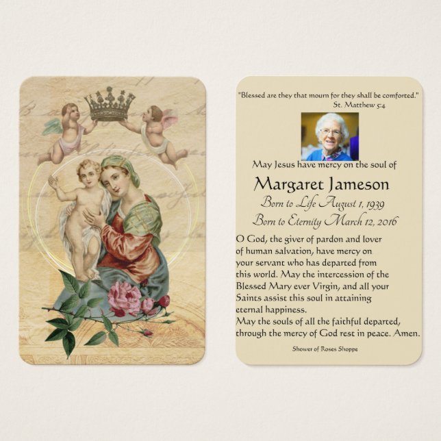 Virgin Mary  Catholic Funeral Memorial Holy Card - (Front & Back)