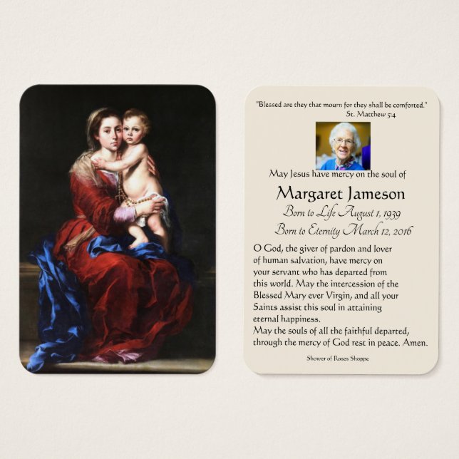 Virgin Mary  Catholic Funeral Memorial Holy Card - (Front & Back)