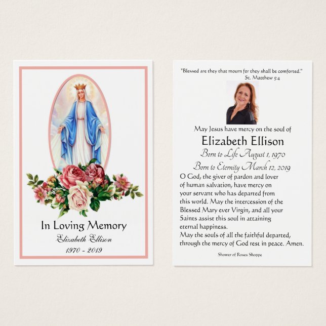 Virgin Mary Catholic Funeral Memorial Holy Card - (Front & Back)