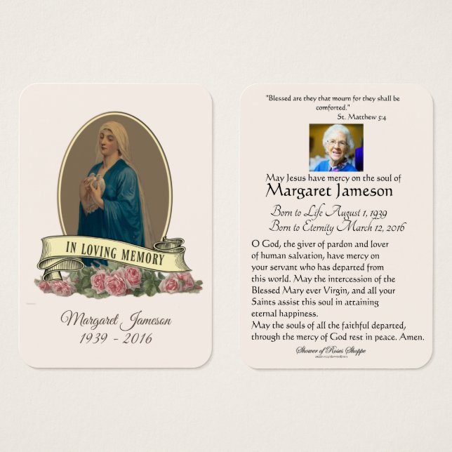 Virgin Mary Catholic Funeral Memorial Holy Card - (Front & Back)