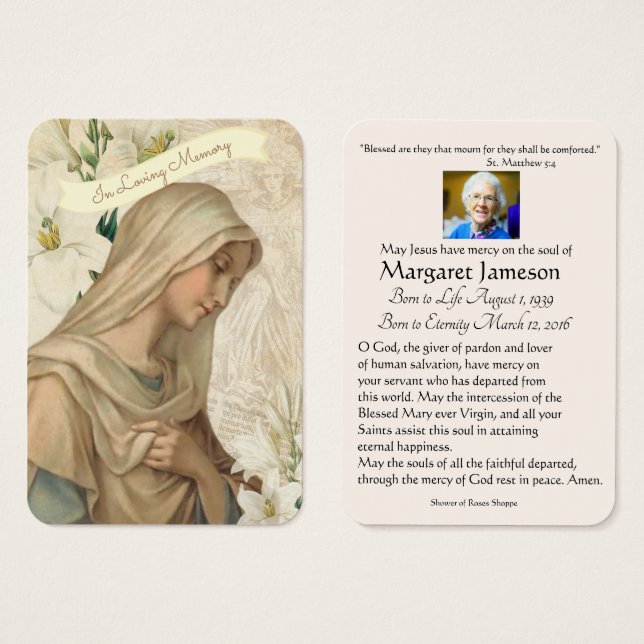 Virgin Mary Catholic Funeral Prayer Holy Card (Front & Back)