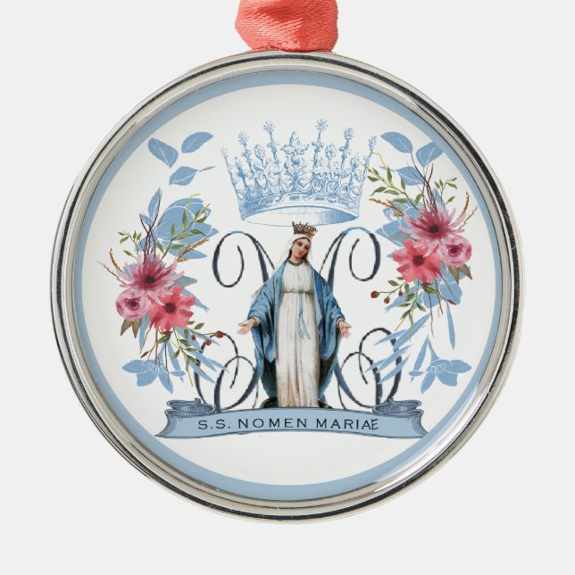 Virgin Mary Catholic Religious Mother Mary Floral Metal Ornament (Front)