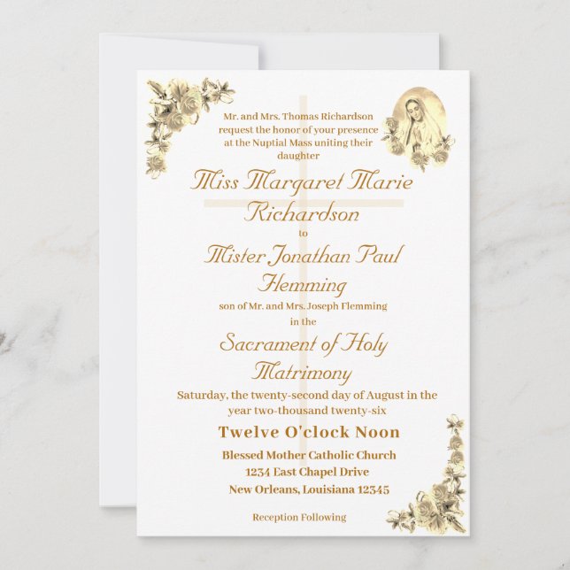 Virgin Mary Catholic Sepia Wedding Invitation (Front)