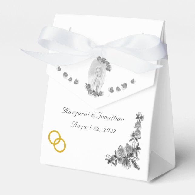 Virgin Mary Catholic Silver Wedding Favor Boxes (Front Side)