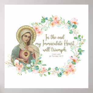 Virgin Mary Fatima Catholic Religious Floral Poster