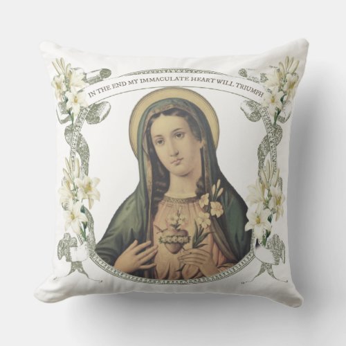 Virgin Mary Fatima Catholic Religious  Floral Throw Pillow