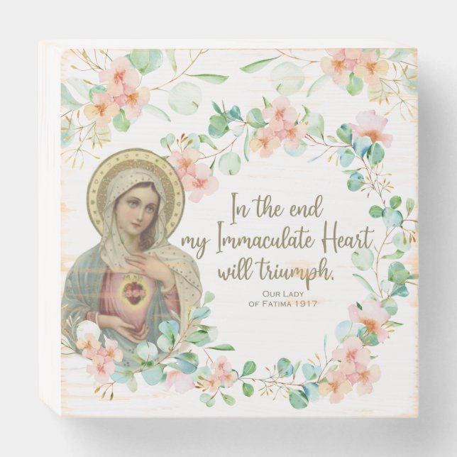 Virgin Mary Fatima Catholic Religious  Floral Wooden Box Sign (Front Horizontal)