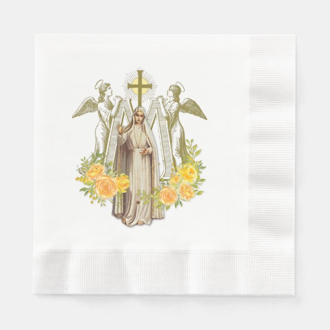 Virgin Mary Fatima Floral Yellow Roses Rosary Napkins (Front)