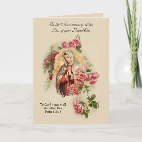 Virgin Mary Floral Anniversary of Death Loved One Card