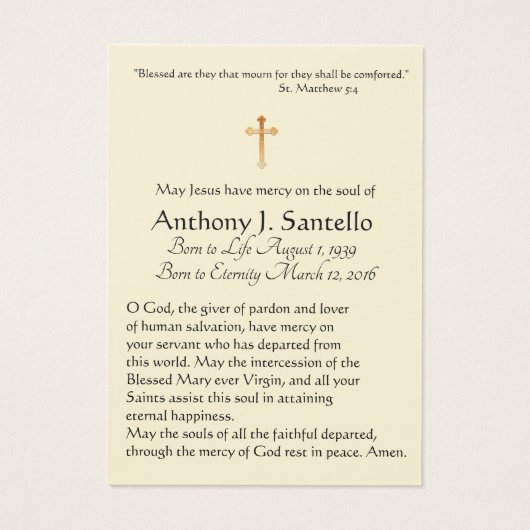 Virgin Mary Funeral Sympathy Prayer Holy Card (Back)