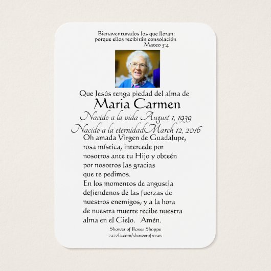 Virgin Mary Guadalupe Spanish Funeral Holy Prayer (Back)