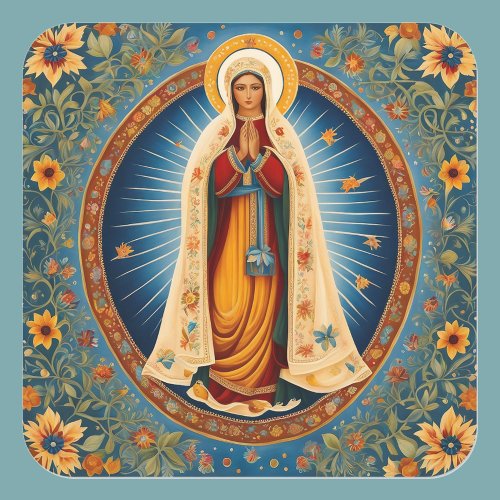 Virgin Mary Halo Folk Art Blue Warm White Floral Square Sticker