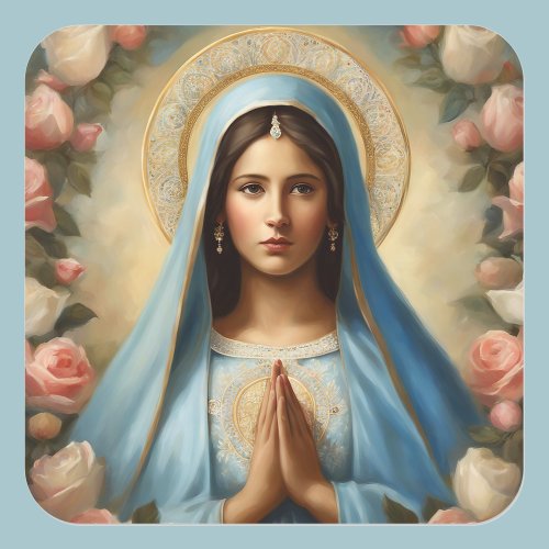 Virgin Mary Halo Prayer Adorned with Roses Square Sticker