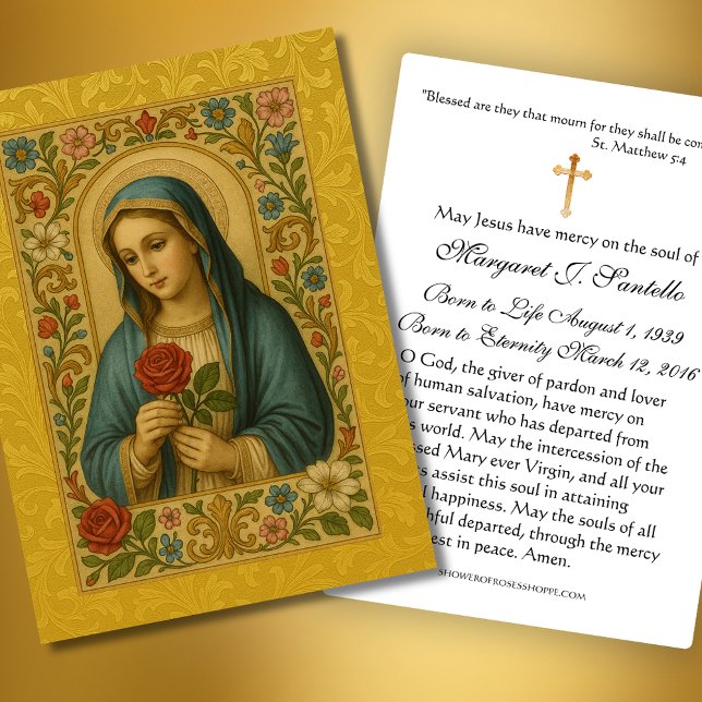 Virgin Mary holding rose funeral memorial prayer Business Card (Creator Uploaded)