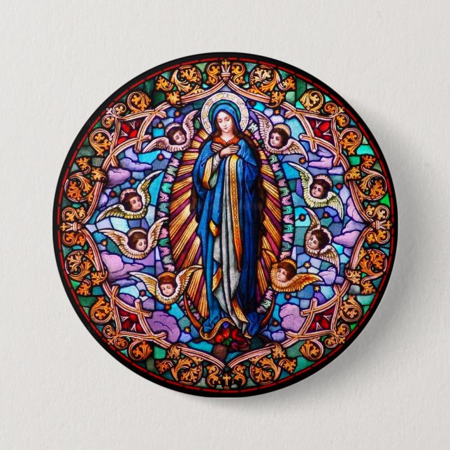 Virgin Mary in Blue Robe Replica Stained Glass Button (Front)