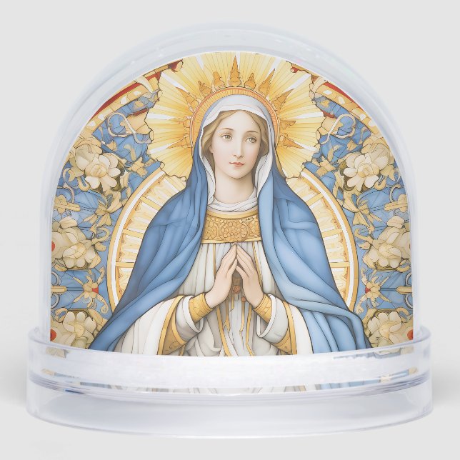 Virgin Mary in Blues and Golds Flower Frame Snow Globe (Front)