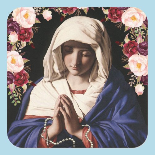 Virgin Mary In Prayer Roses and Rosary Square Sticker