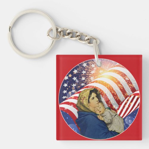 Virgin Mary Jesus American Flag Patriotic Catholic Keychain