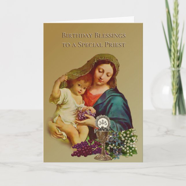 Virgin Mary Jesus Catholic Priest Birthday Prayer Card (Front)